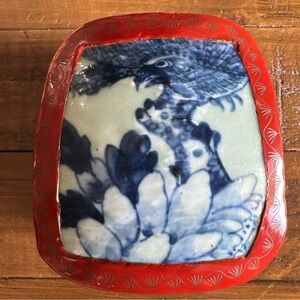 Vintage Chinese Porcelain Shard Wood Box Blue And White Trinket Box